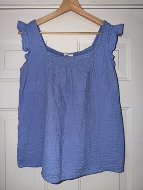 Light Blue Sleeveless Smocked-Neck Cotton Top